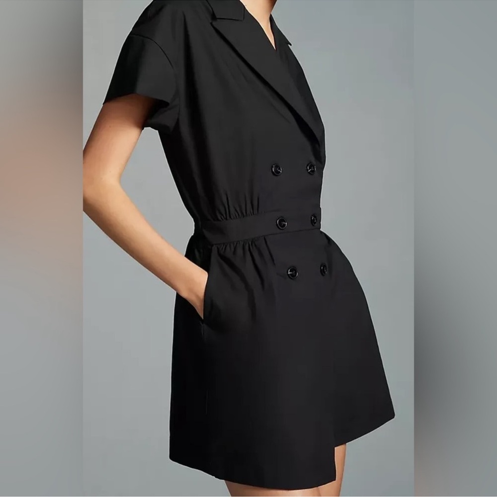 ANTHROPOLOGIE Maeve Short-Sleeve Black Button Pocket Blazer Wrap Shorts Romper